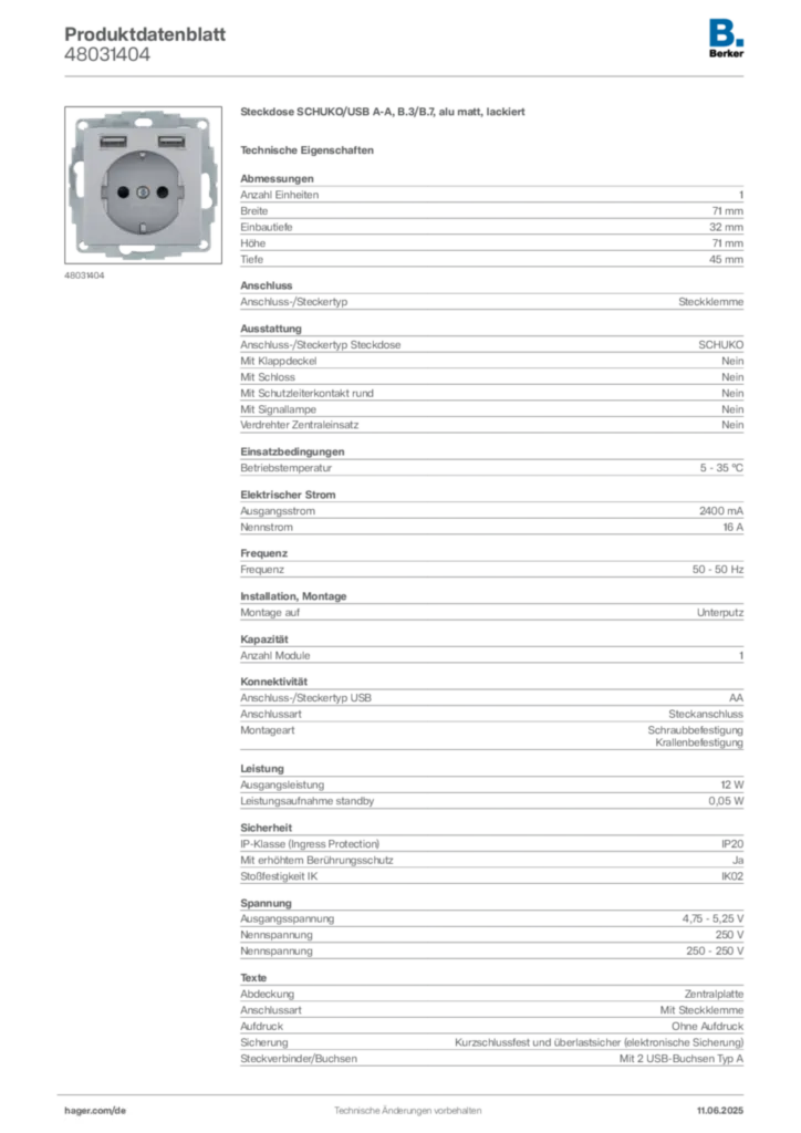 Bild Berker Produktdatenblatt 48031404 | Hager Deutschland