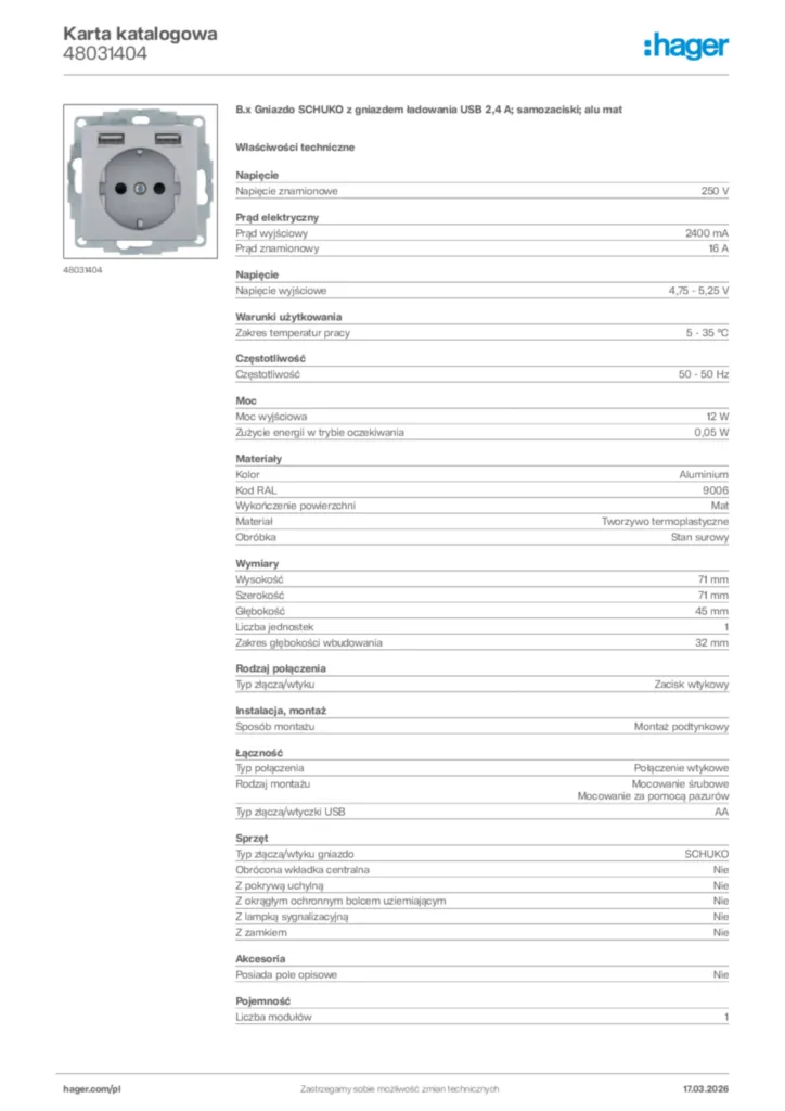 Zdjęcie Hager Karta katalogowa 48031404 | Hager Polska