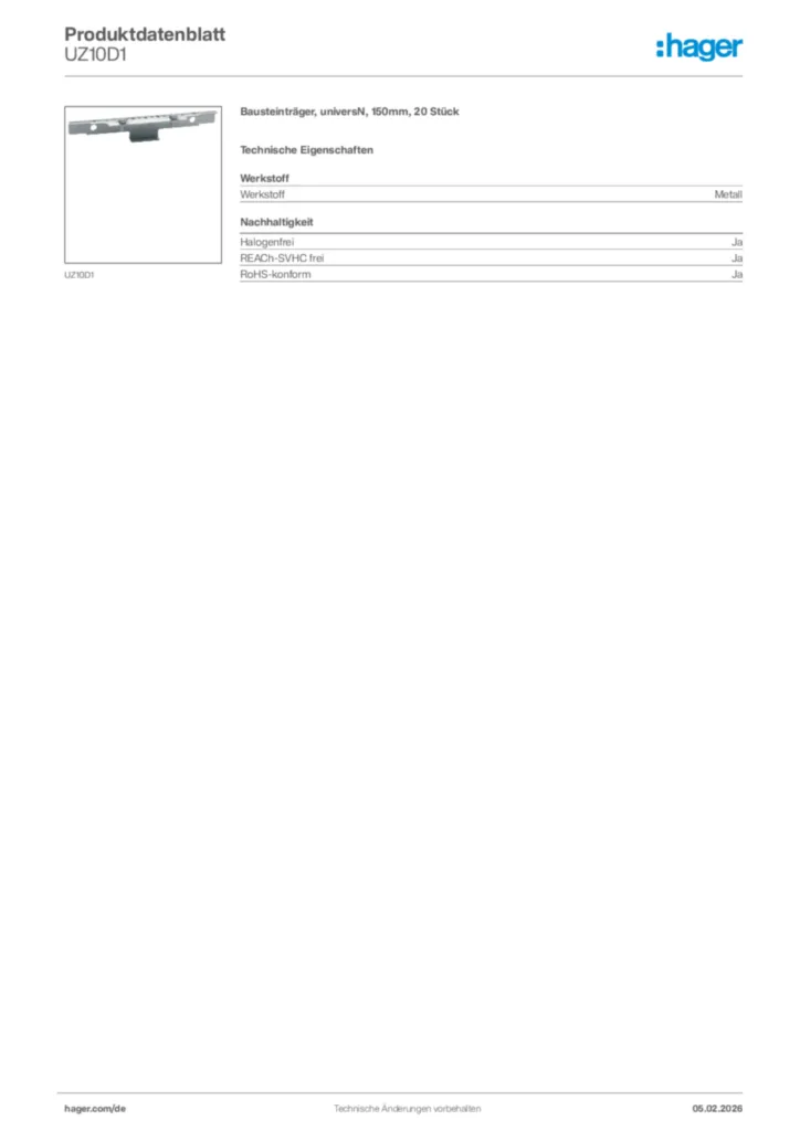 Hager Produktdatenblatt UZ10D1