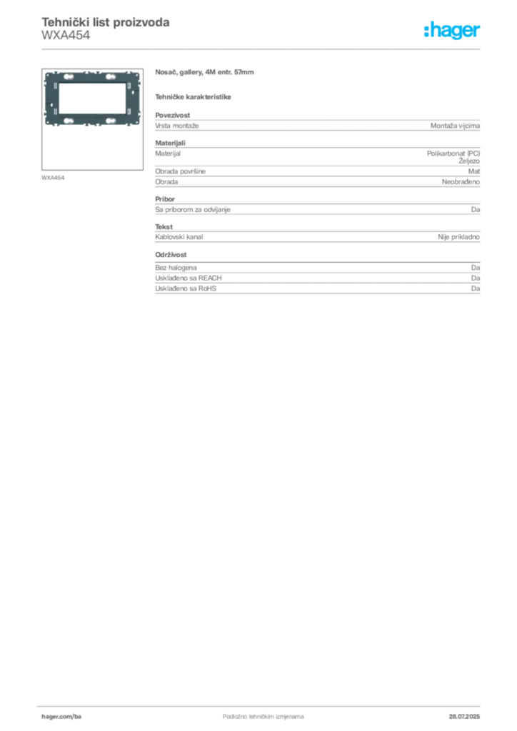 Slika Hager Product data sheet WXA454  | Hager