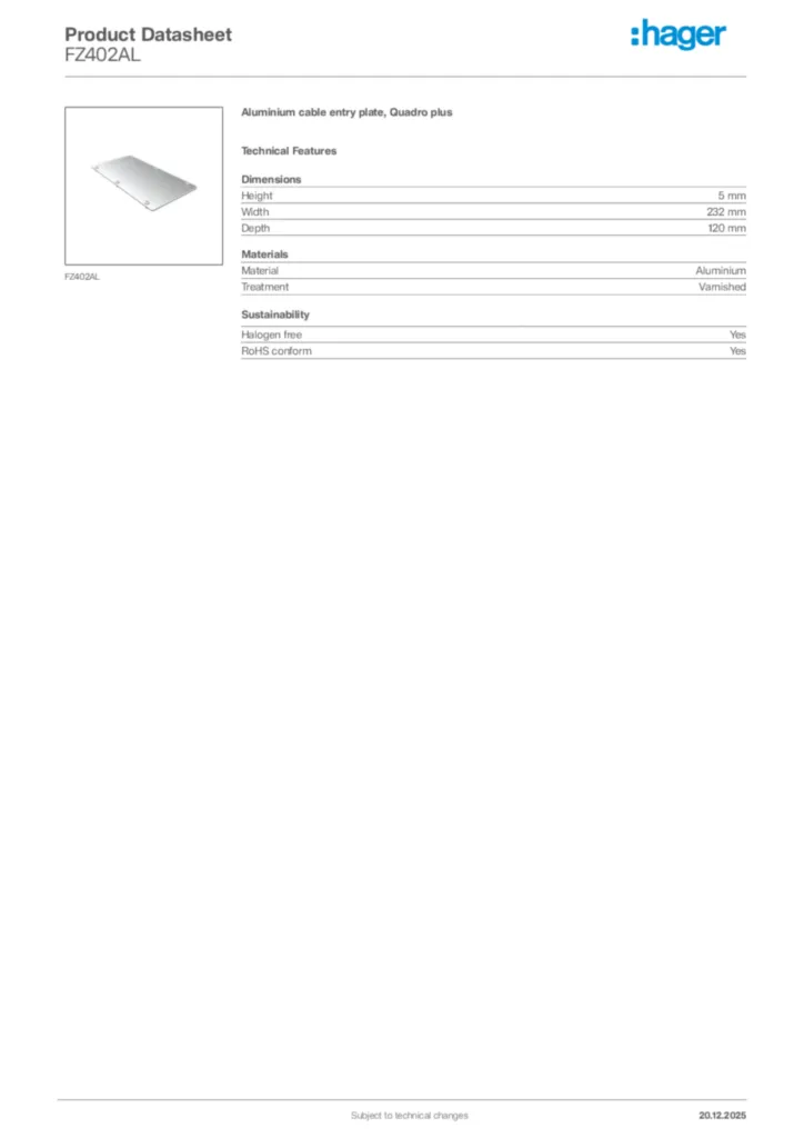 Image Hager Product data sheet FZ402AL  | Hager Africa
