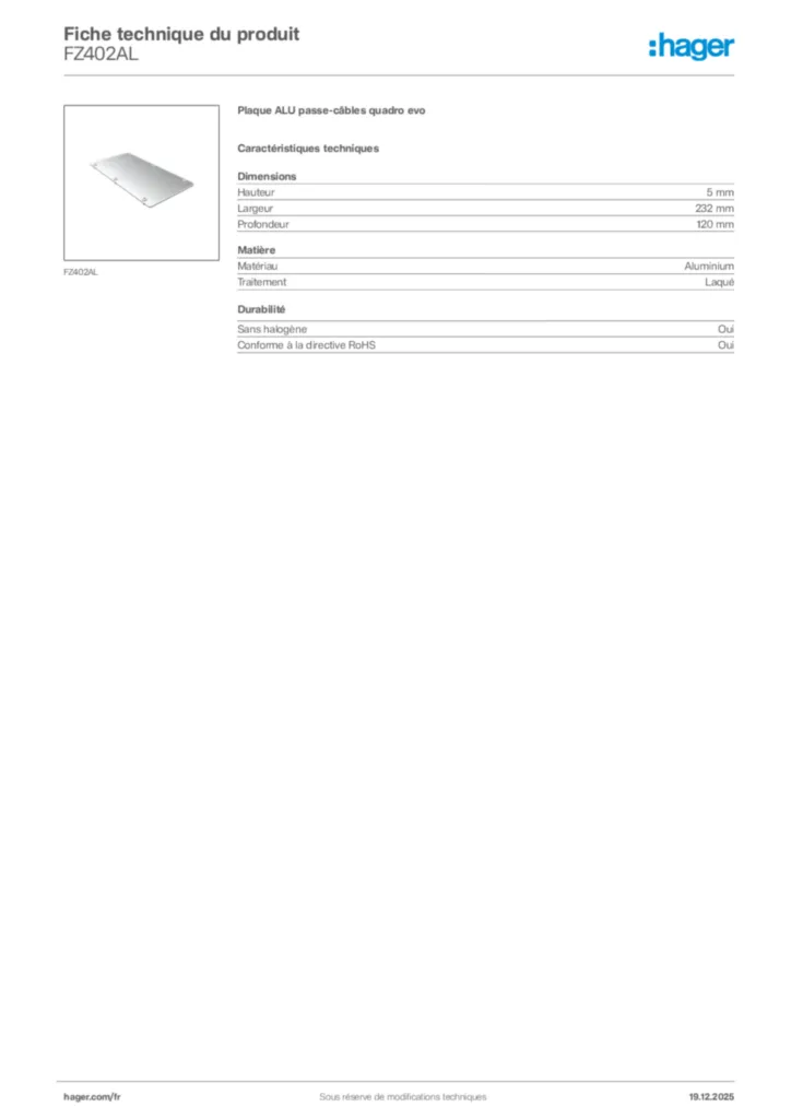 Image Hager Fiche technique du produit FZ402AL | Hager France