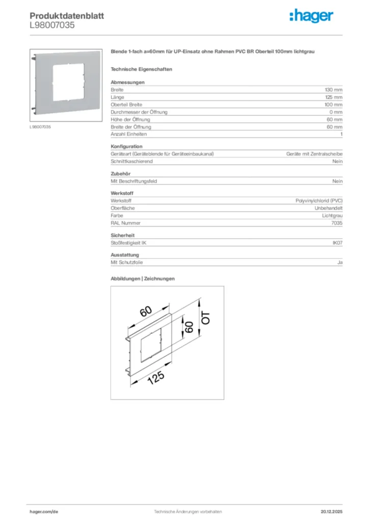 Bild Hager Produktdatenblatt L98007035 | Hager Deutschland