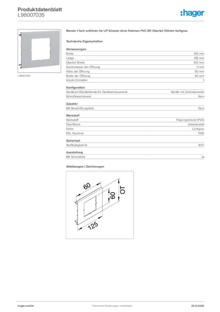 Bild Hager Produktdatenblatt L98007035 | Hager Deutschland