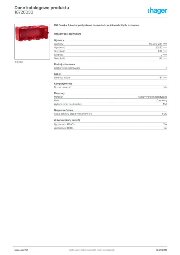 Zdjęcie Hager Karta katalogowa 18720030 | Hager Polska