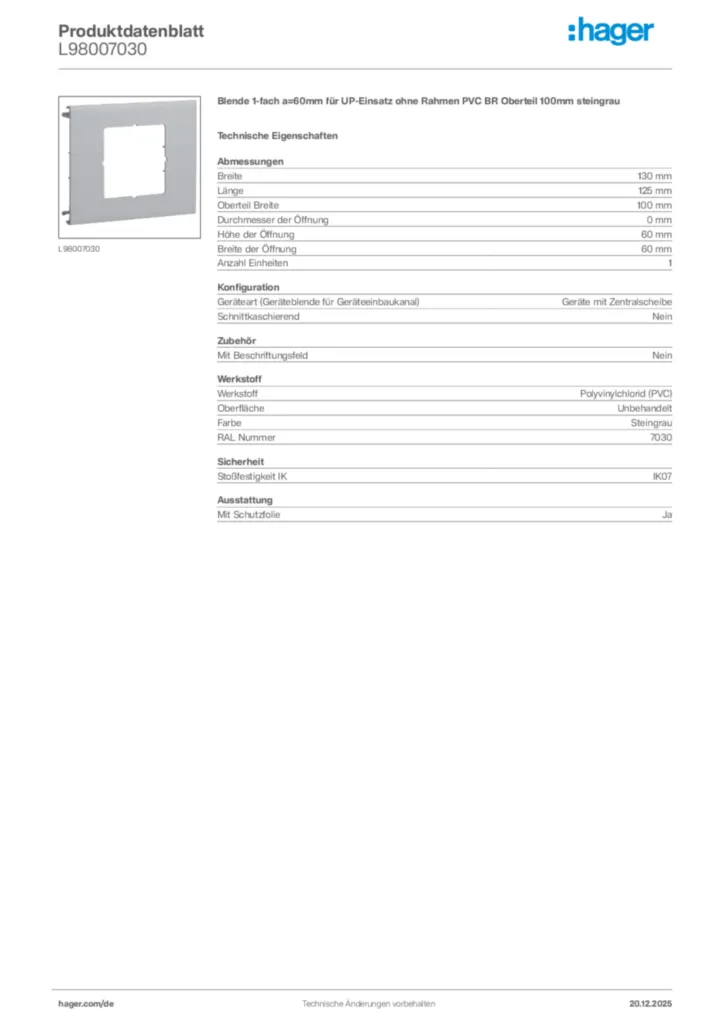 Bild Hager Produktdatenblatt L98007030 | Hager Deutschland