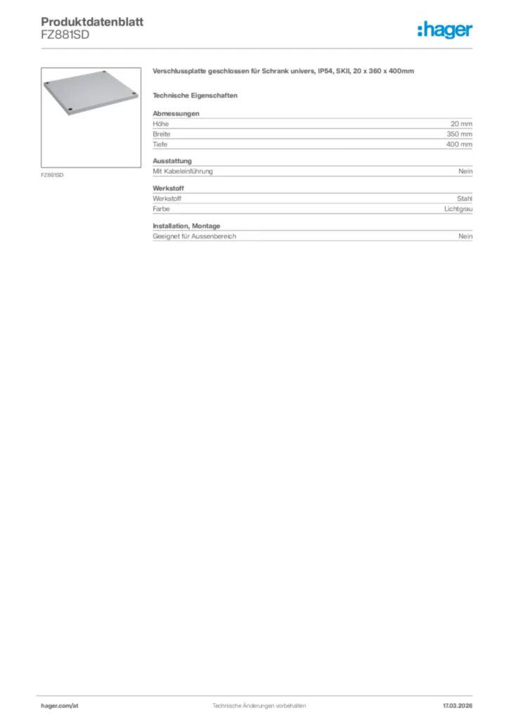 Bild Hager Produktdatenblatt FZ881SD | Hager Deutschland