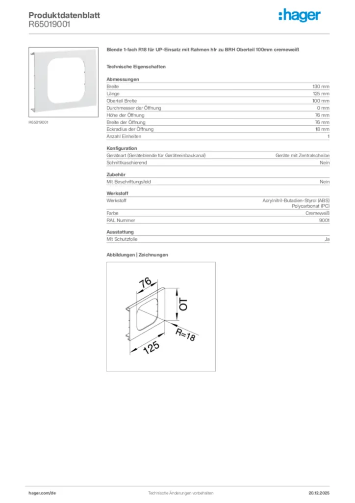 Bild Hager Produktdatenblatt R65019001 | Hager Deutschland