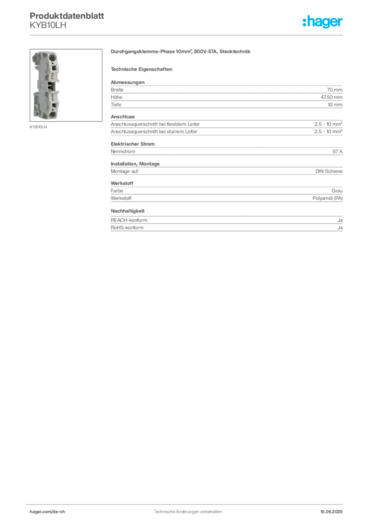 Bild Hager Produktdatenblatt KYB10LH | Hager Schweiz