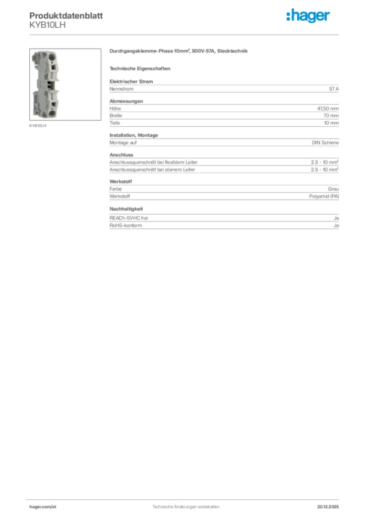 Bild Hager Produktdatenblatt KYB10LH | Hager Deutschland
