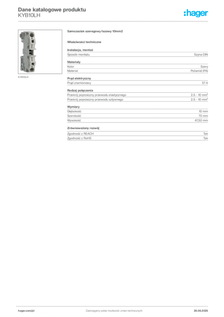 Zdjęcie Hager Karta katalogowa KYB10LH | Hager Polska