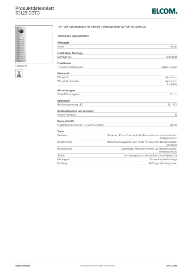 Bild Elcom Produktdatenblatt 5312510BTC | Hager Deutschland