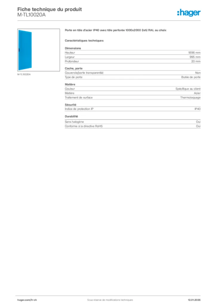 Image Hager Fiche technique du produit M-TL10020A | Hager Suisse