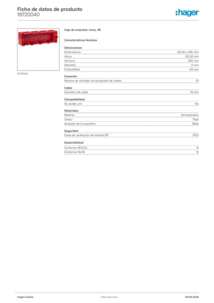 Imagen Hager Ficha de datos de producto 18720040 | Hager España