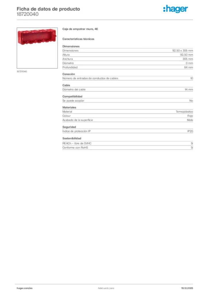 Imagen Hager Ficha de datos de producto 18720040 | Hager España