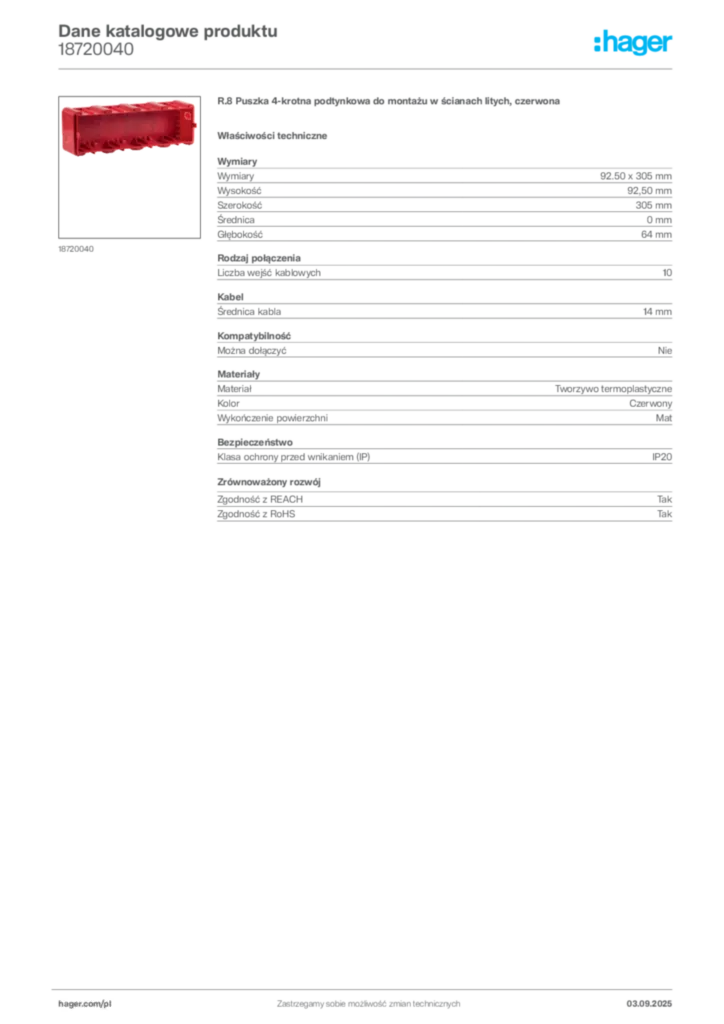 Zdjęcie Hager Karta katalogowa 18720040 | Hager Polska