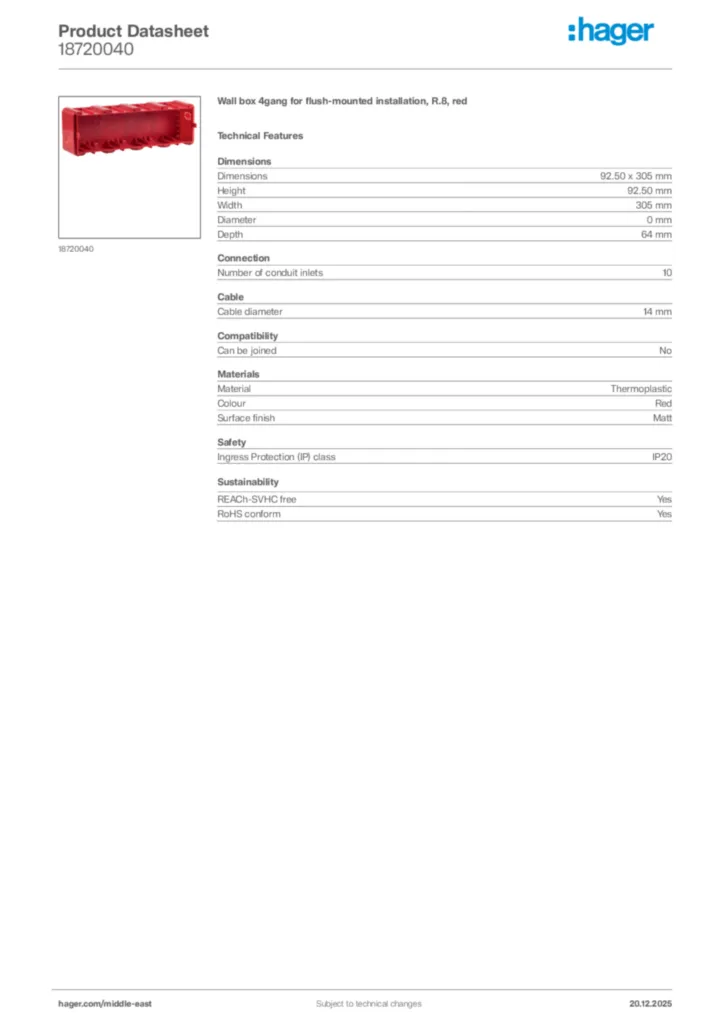 Image Hager Product data sheet 18720040  | Hager