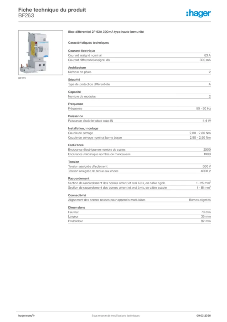 Image Hager Fiche technique du produit BF263 | Hager France