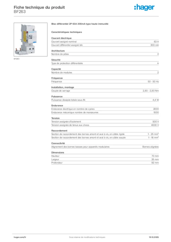 Image Hager Fiche technique du produit BF263 | Hager France