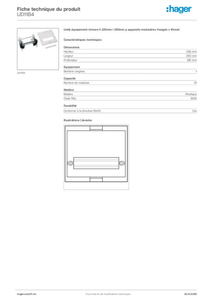Image Hager Fiche technique du produit UD11B4 | Hager Suisse