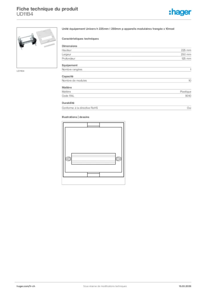 Image Hager Fiche technique du produit UD11B4 | Hager Suisse