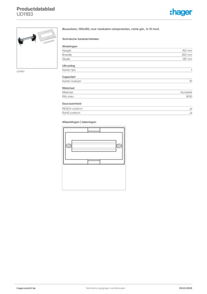 Afbeelding Hager Productdatablad UD11B3 | Hager Belgium