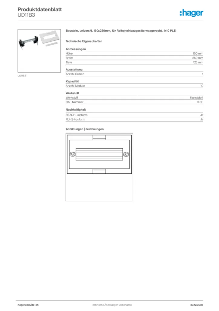 Bild Hager Produktdatenblatt UD11B3 | Hager Schweiz