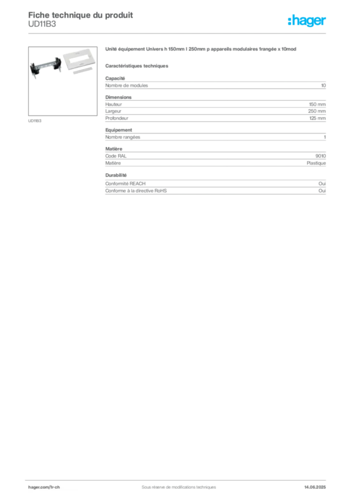 Image Hager Fiche technique du produit UD11B3 | Hager Suisse