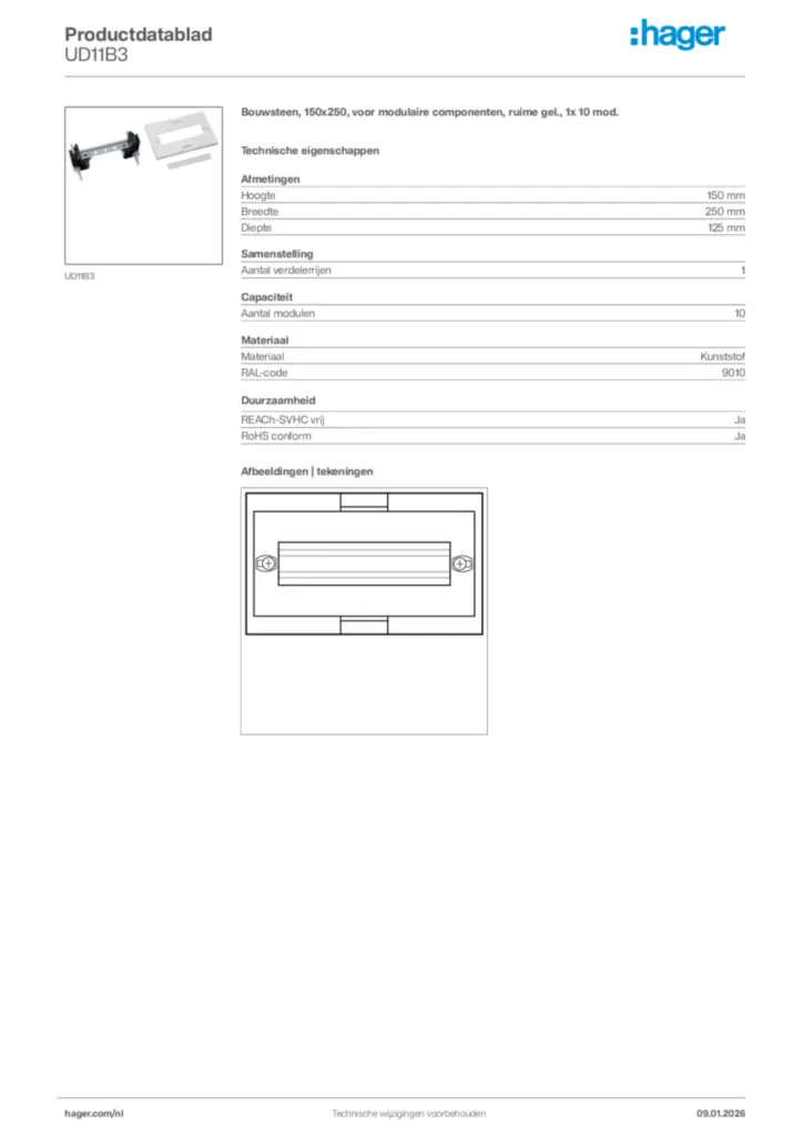 Afbeelding Hager Productdatablad UD11B3 | Hager Nederland