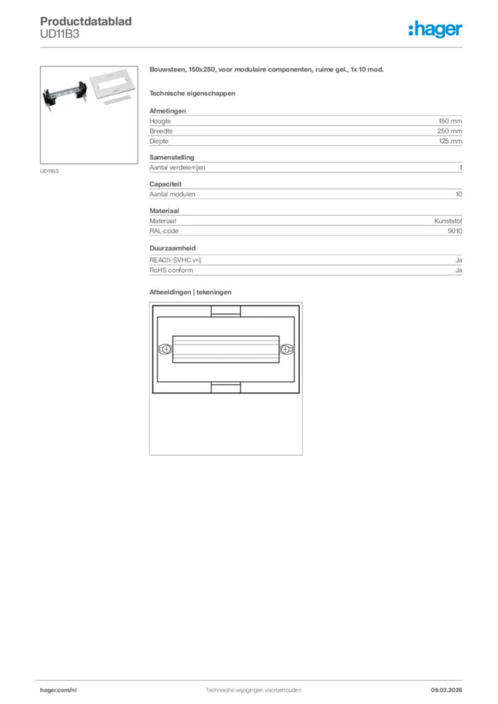 Afbeelding Hager Productdatablad UD11B3 | Hager Nederland