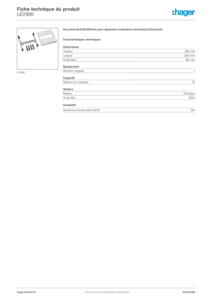 Image Hager Fiche technique du produit UD11B6 | Hager Suisse