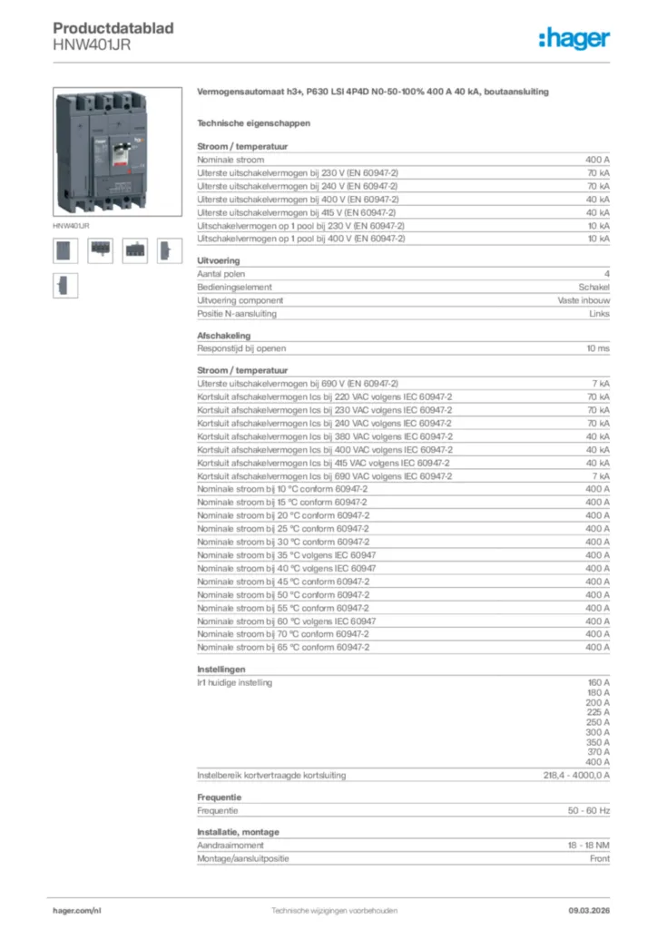 Afbeelding Hager Productdatablad HNW401JR | Hager Nederland
