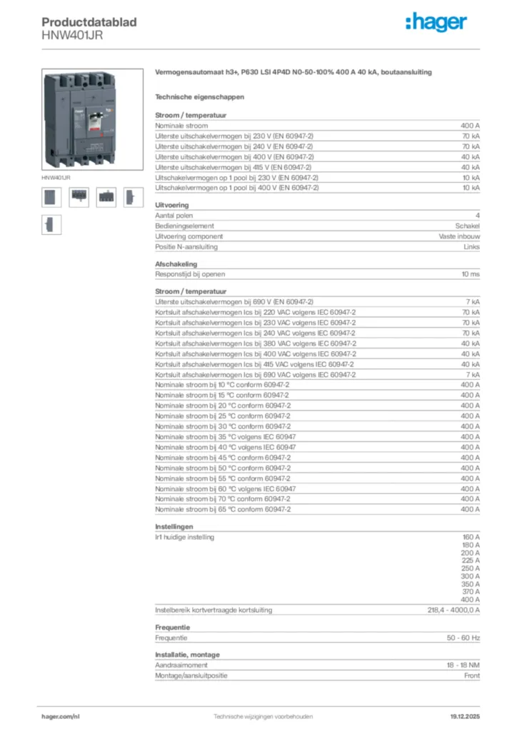 Afbeelding Hager Productdatablad HNW401JR | Hager Nederland