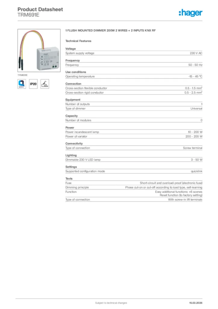 Image Hager Product data sheet TRM691E  | Hager Africa