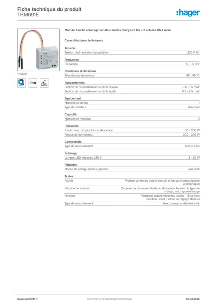 Image Hager Fiche technique du produit TRM691E | Hager Afrique