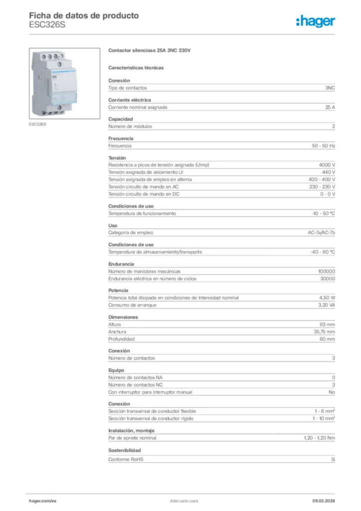 Imagen Hager Ficha de datos de producto ESC326S | Hager España