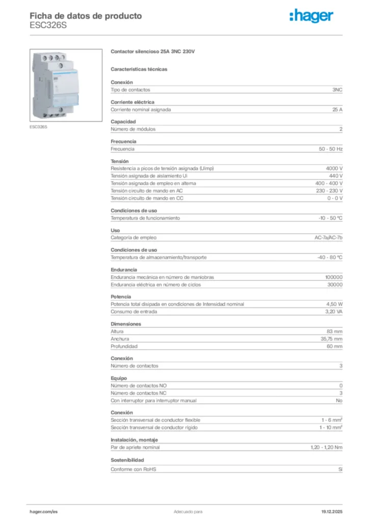 Imagen Hager Ficha de datos de producto ESC326S | Hager España