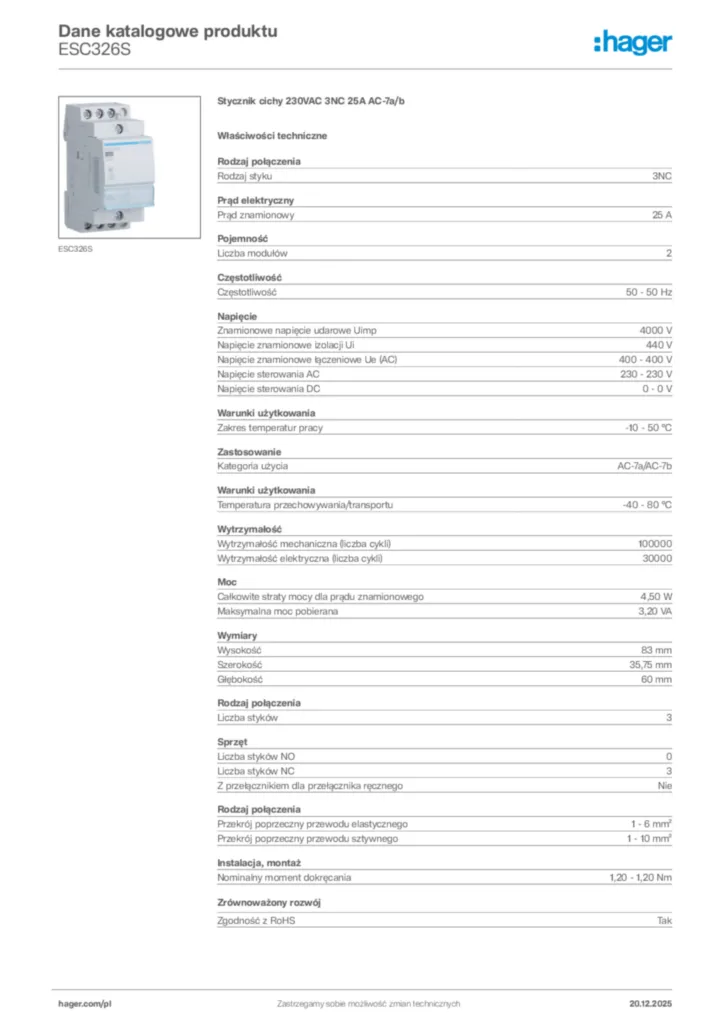 Zdjęcie Hager Karta katalogowa ESC326S | Hager Polska