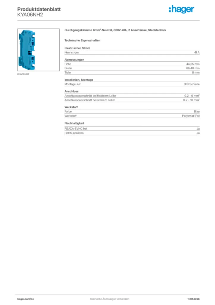 Bild Hager Produktdatenblatt KYA06NH2 | Hager Deutschland