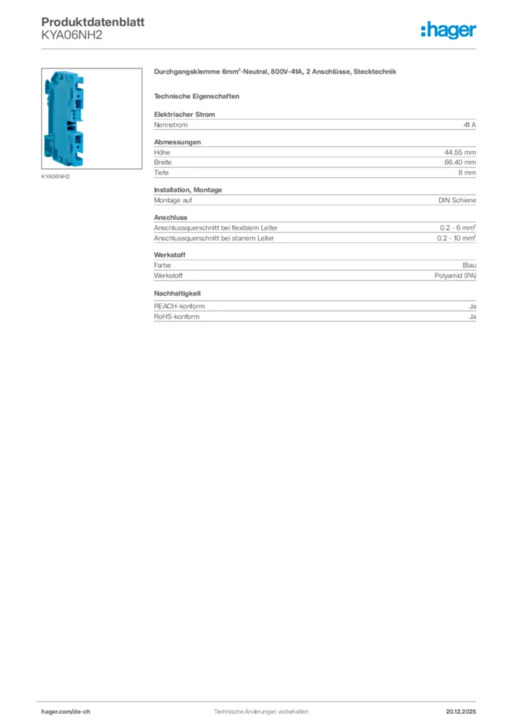 Bild Hager Produktdatenblatt KYA06NH2 | Hager Schweiz