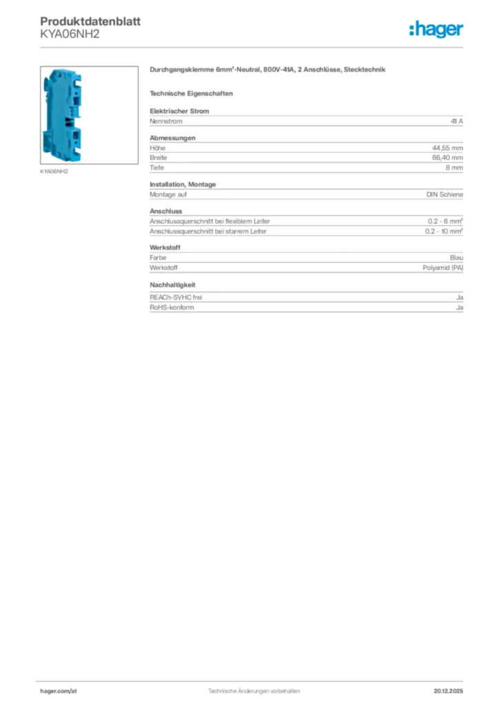 Bild Hager Produktdatenblatt KYA06NH2 | Hager Deutschland