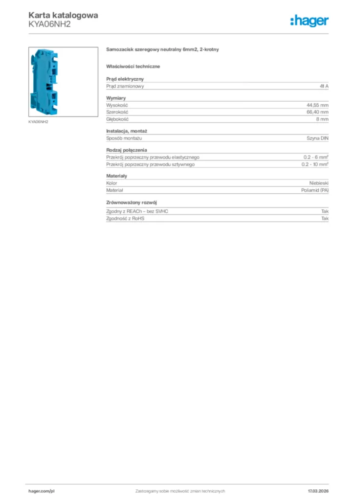Zdjęcie Hager Karta katalogowa KYA06NH2 | Hager Polska