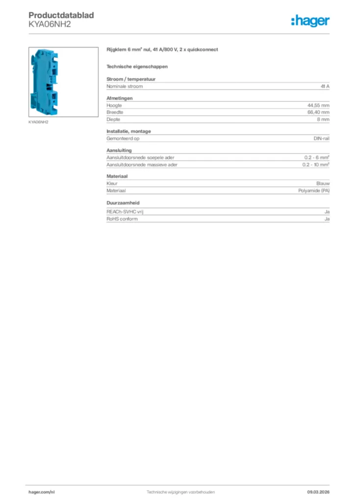 Afbeelding Hager Productdatablad KYA06NH2 | Hager Nederland