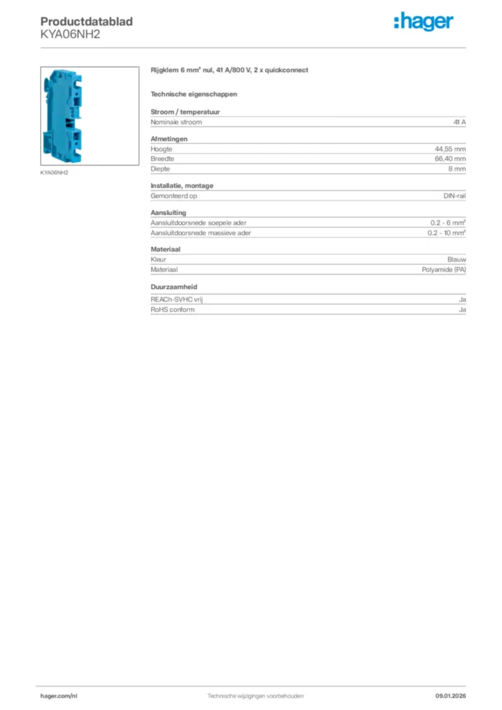 Afbeelding Hager Productdatablad KYA06NH2 | Hager Nederland