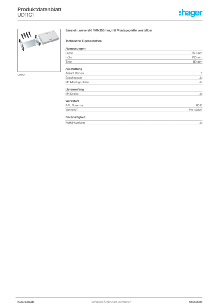 Hager Produktdatenblatt UD11C1