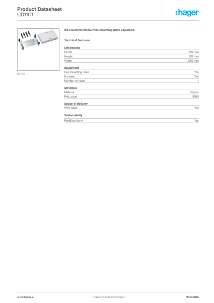 Image Hager Product data sheet UD11C1  | Hager