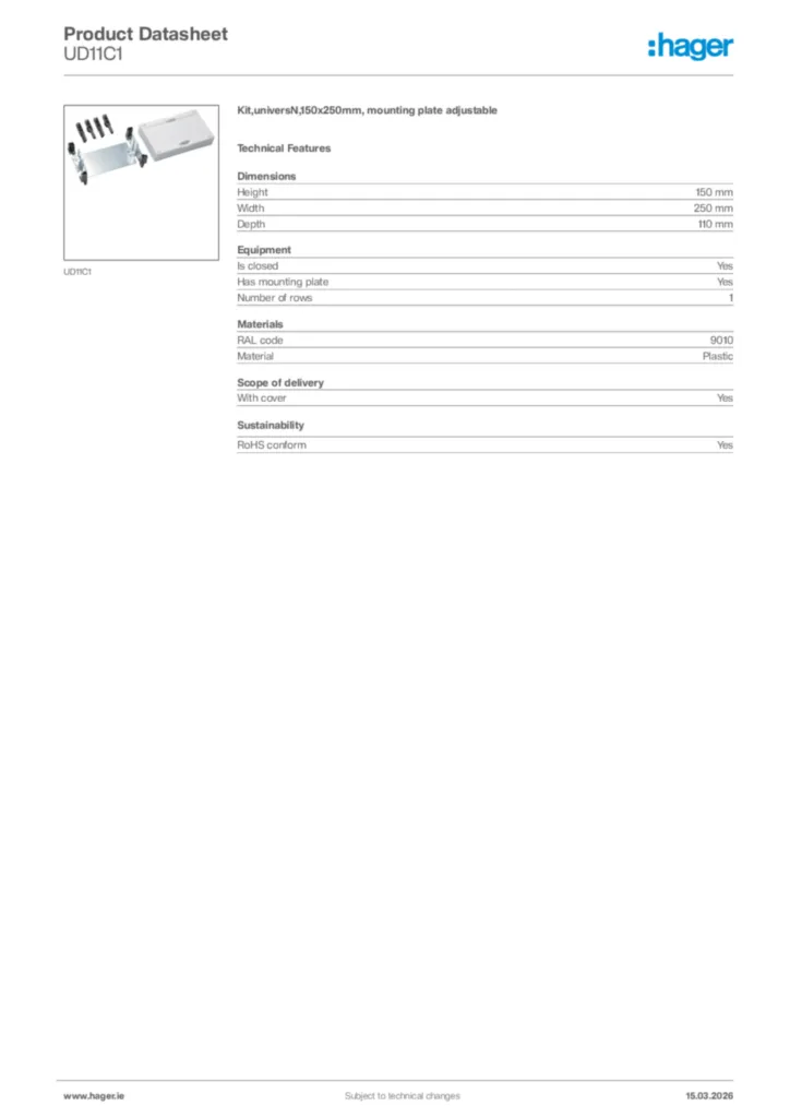 Image Hager Product data sheet UD11C1  | Hager