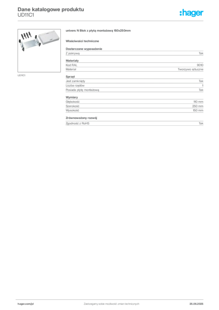 Zdjęcie Hager Karta katalogowa UD11C1 | Hager Polska