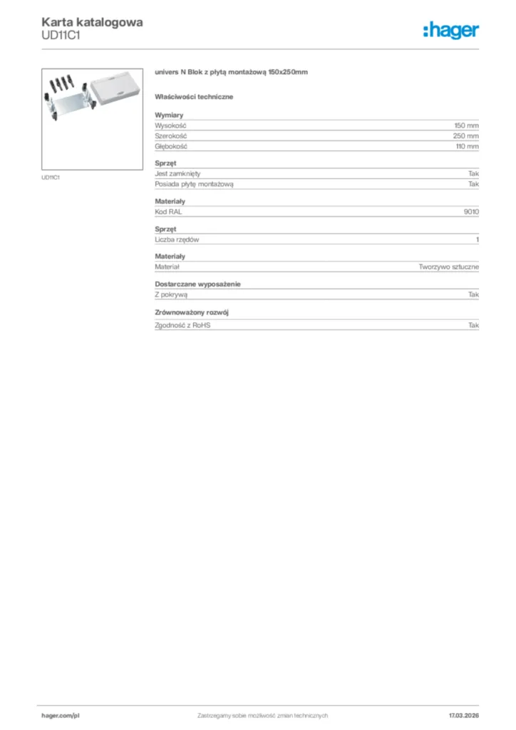 Zdjęcie Hager Karta katalogowa UD11C1 | Hager Polska