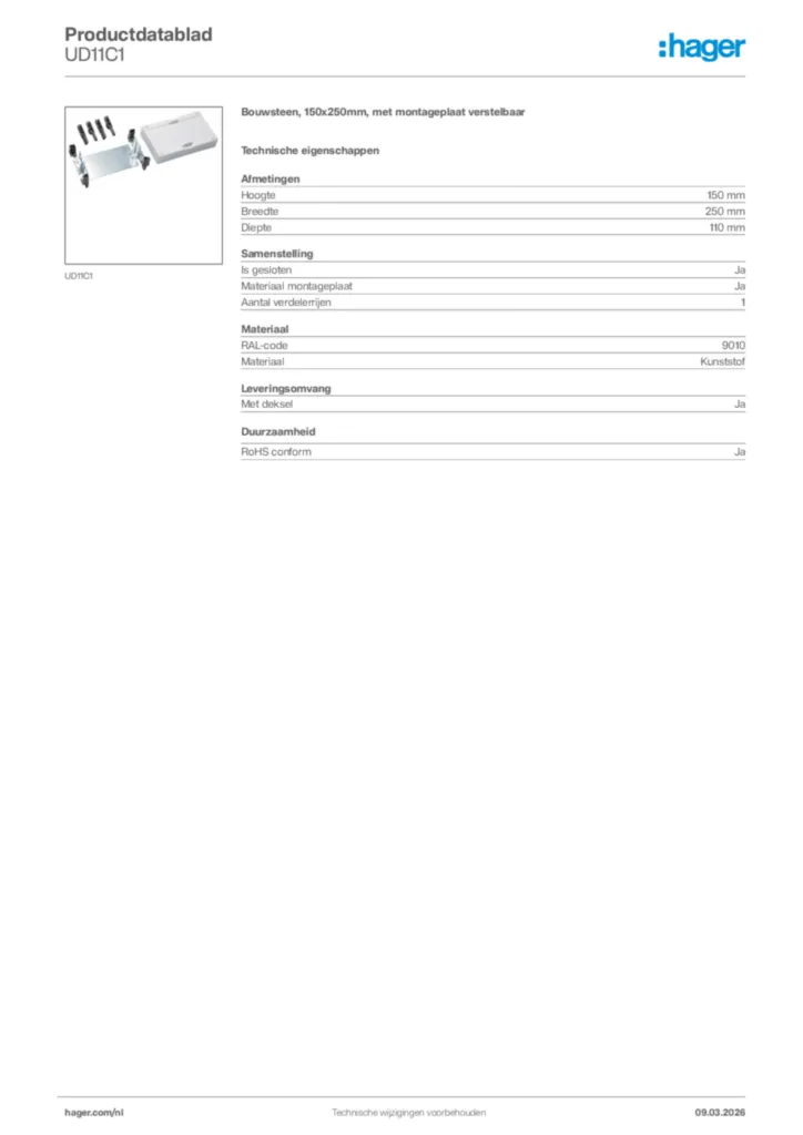 Afbeelding Hager Productdatablad UD11C1 | Hager Nederland
